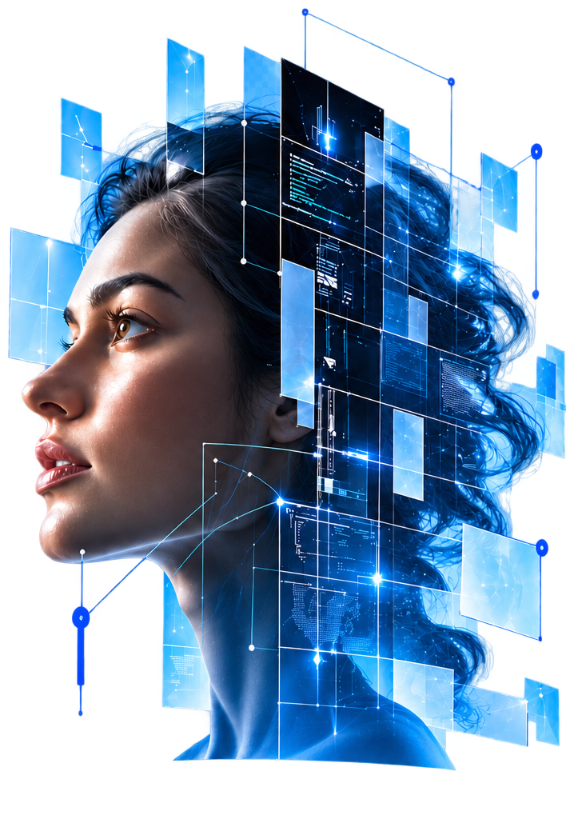 Portrait de profil entouré d’interfaces holographiques